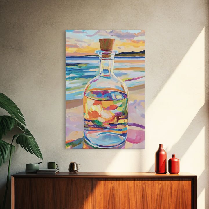 Glass Bottle At Sunset Beach Wall Art, Coastal Canvas Print For Ocean Decor, Seascape Art, Beach House Decor Gift For Her