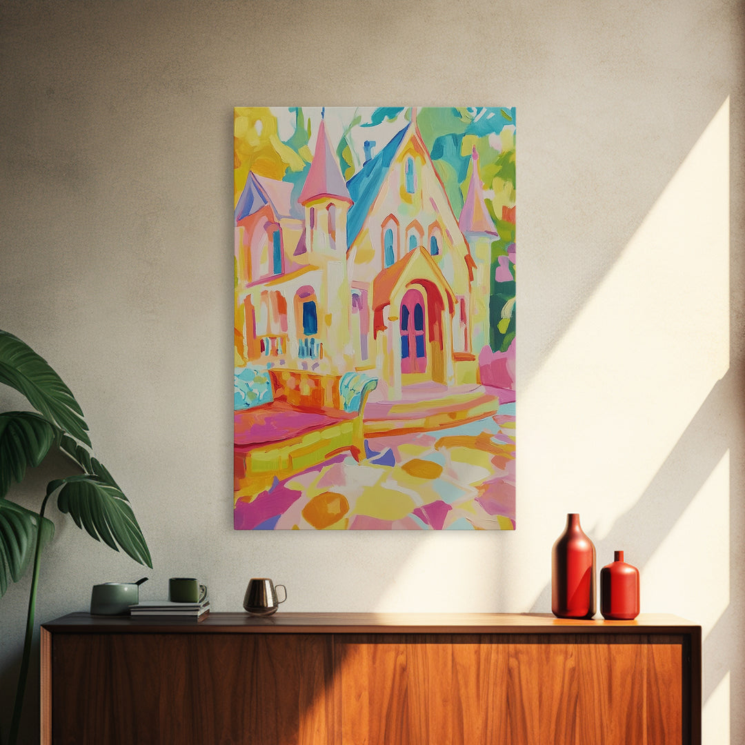 Pastel Storybook Castle With Swan Framed Canvas Print, Whimsical Wall Art, Kids Room Decor, Fairy Tale Nursery Gift For Girls Room