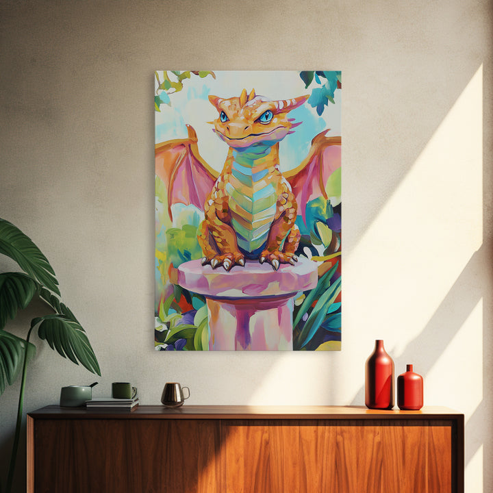 Cute Baby Dragon On Pedestal Canvas Print, Fantasy Wall Art, Whimsical Nursery Decor, Kids Room Art Gift For Dragon Lovers
