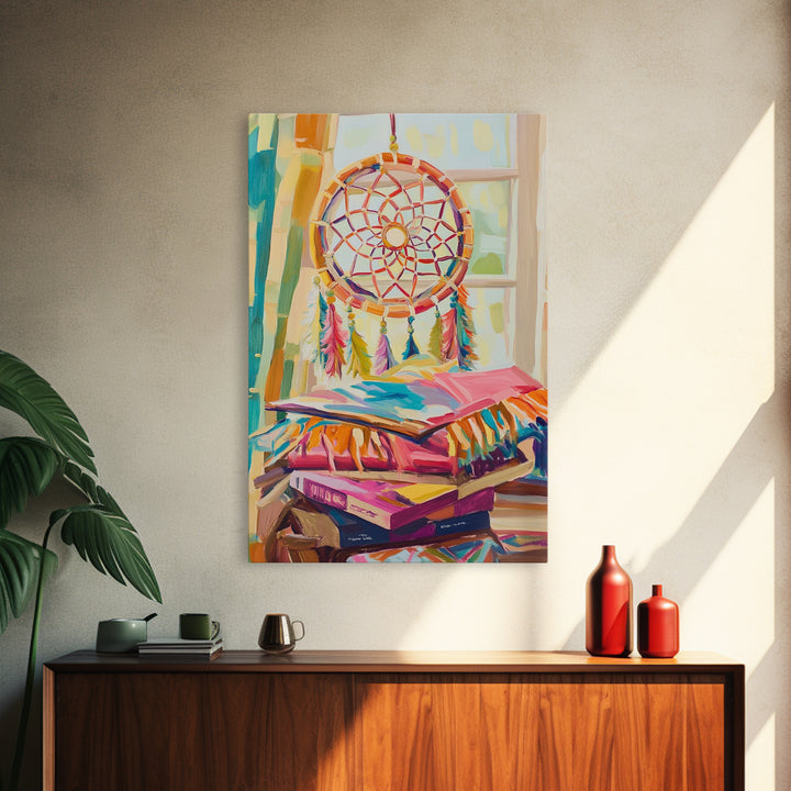 Boho Dreamcatcher And Stacked Books By Window Canvas Print, Whimsical Wall Art, Reading Nook Decor, Colorful Bedroom Art
