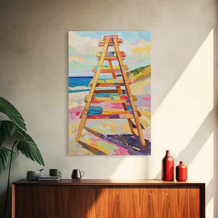 Pastel Beach Ladder Leading To Blue Ocean Wall Art, Coastal Wall Decor, Summer Beach House Decor, Large Canvas Print, Housewarming Gift