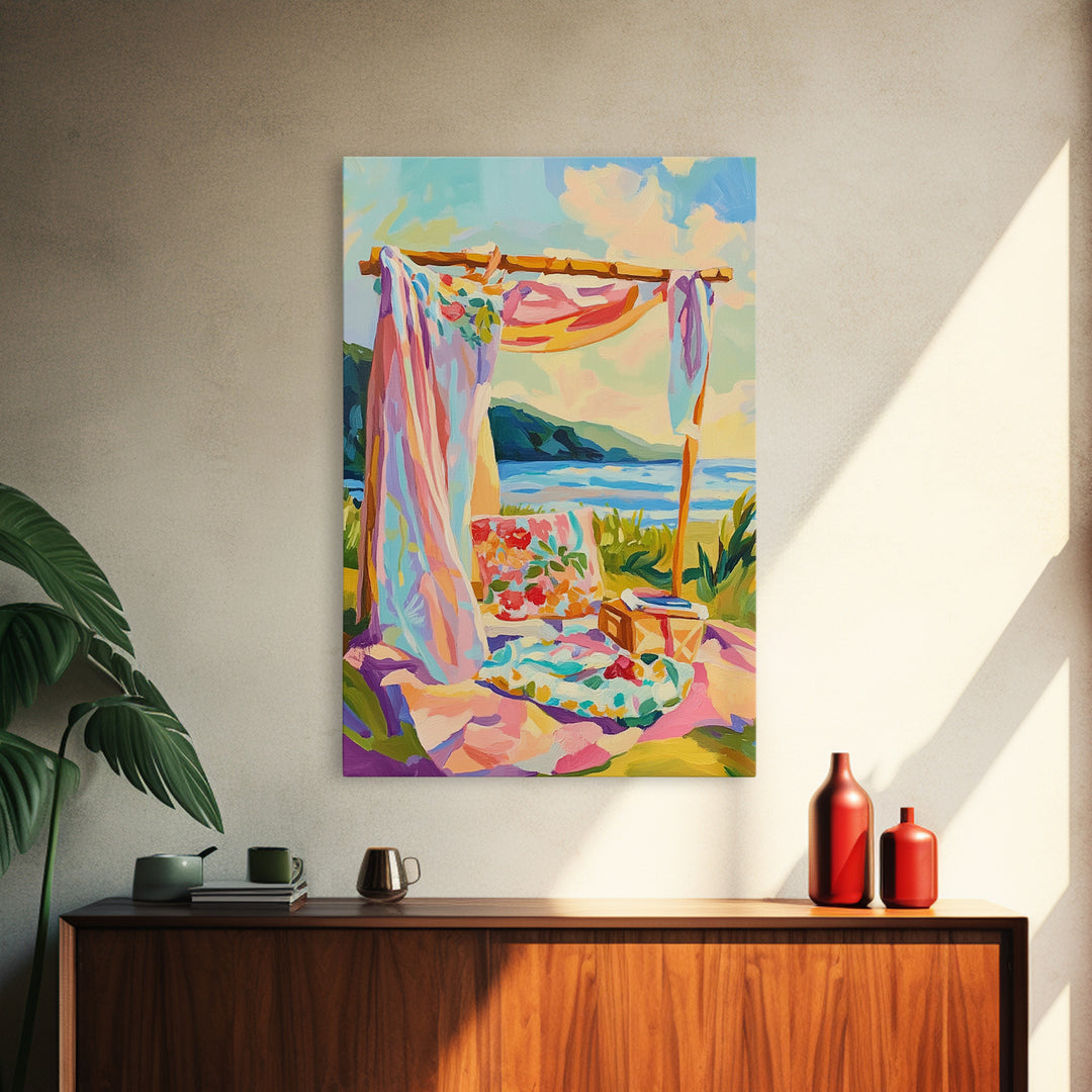 Sunny Beach Cabana Picnic Canvas Print, Coastal Wall Art, Tropical Beach House Decor, Summer Ocean Landscape, Gift For Her