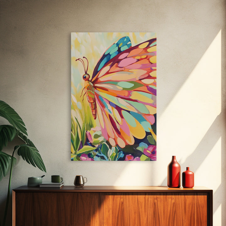 Rainbow Butterfly Canvas Print, Colorful Animal Wall Art, Whimsical Garden Decor, Nature Inspired Art, Nursery Wall Art Gift