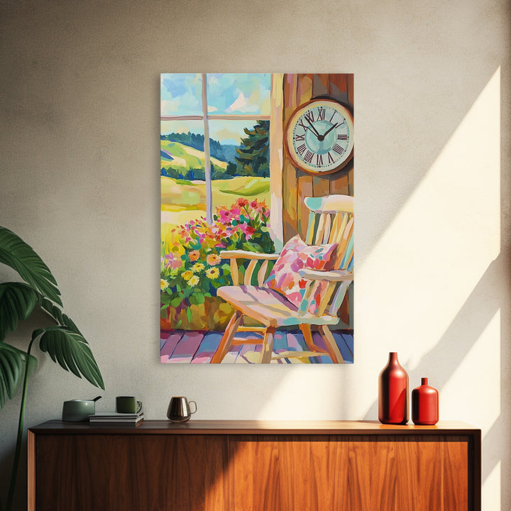 Sunlit Porch Rocking Chair Canvas Print, Country Wall Art, Farmhouse Decor, Floral Landscape Art, Cozy Living Room Decor Gift