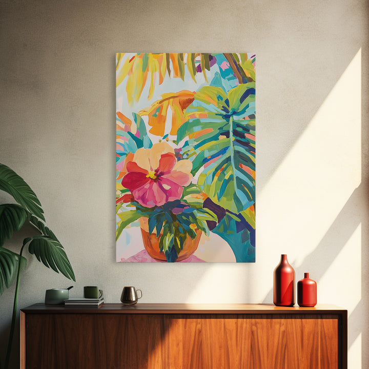 Pink Hibiscus And Monstera Tropical Wall Art, Colorful Botanical Canvas Print, Coastal Boho Living Room Decor, Housewarming Gift
