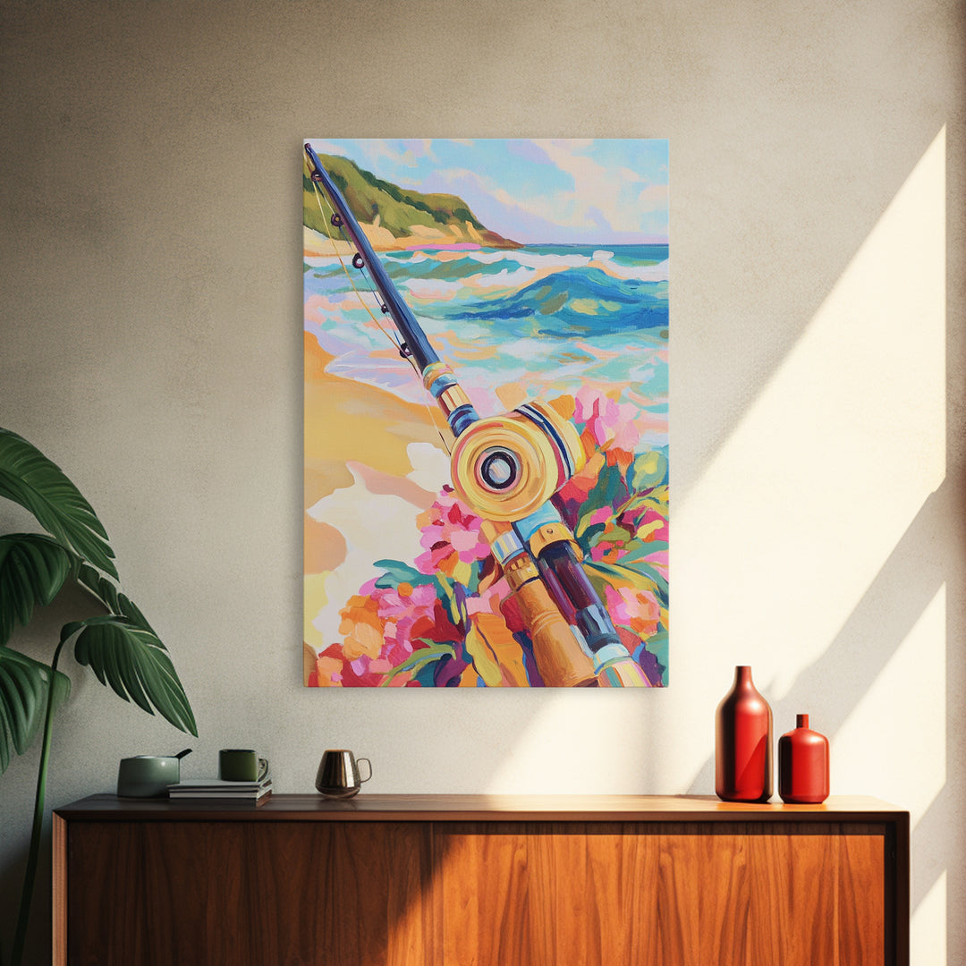 Beach Fishing Rod And Tropical Flowers Canvas Print, Coastal Wall Art, Ocean Wall Decor, Gift For Him, Beach House Decor