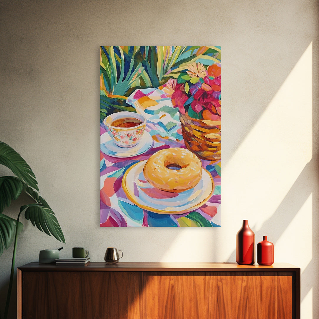 Tea Cup And Glazed Donut Garden Picnic Canvas Print, Kitchen Wall Art, Coffee Bar Decor, Whimsical Food Art, Gift For Her
