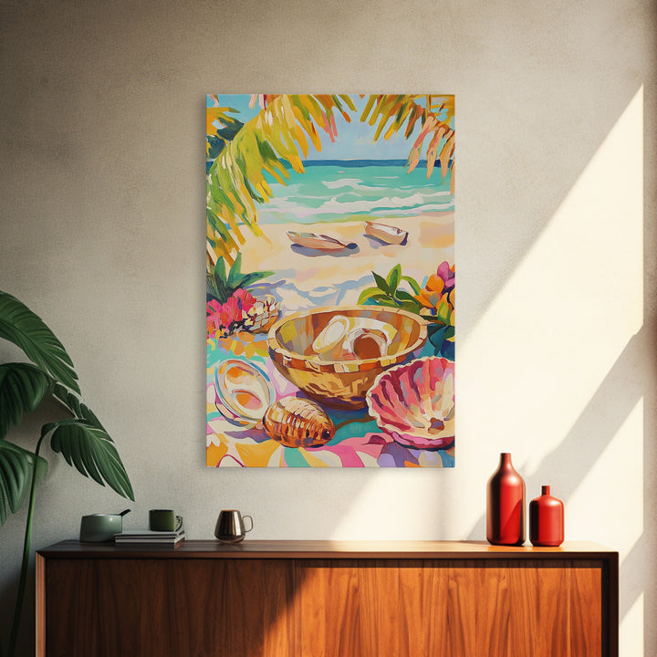 Tropical Seashell Bowl Canvas Print, Coastal Wall Art, Beach House Decor, Ocean Art Print, Summer Living Room Decor, Gift For Her