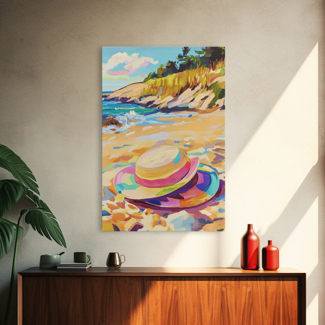 Striped Beach Hat On Shore Canvas Print, Coastal Wall Art, Summer Beach House Decor, Ocean Landscape Art, Gift For Her, Seaside Wall Decor