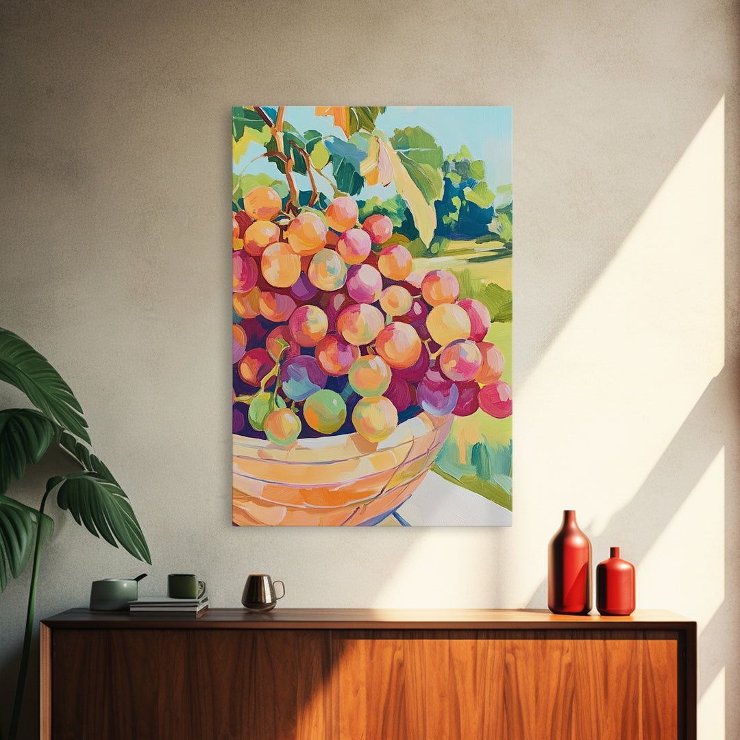 Bowl Of Rosy Grapes Canvas Print, Colorful Kitchen Wall Art, Vineyard Fruit Painting, Dining Room Decor, Housewarming Gift