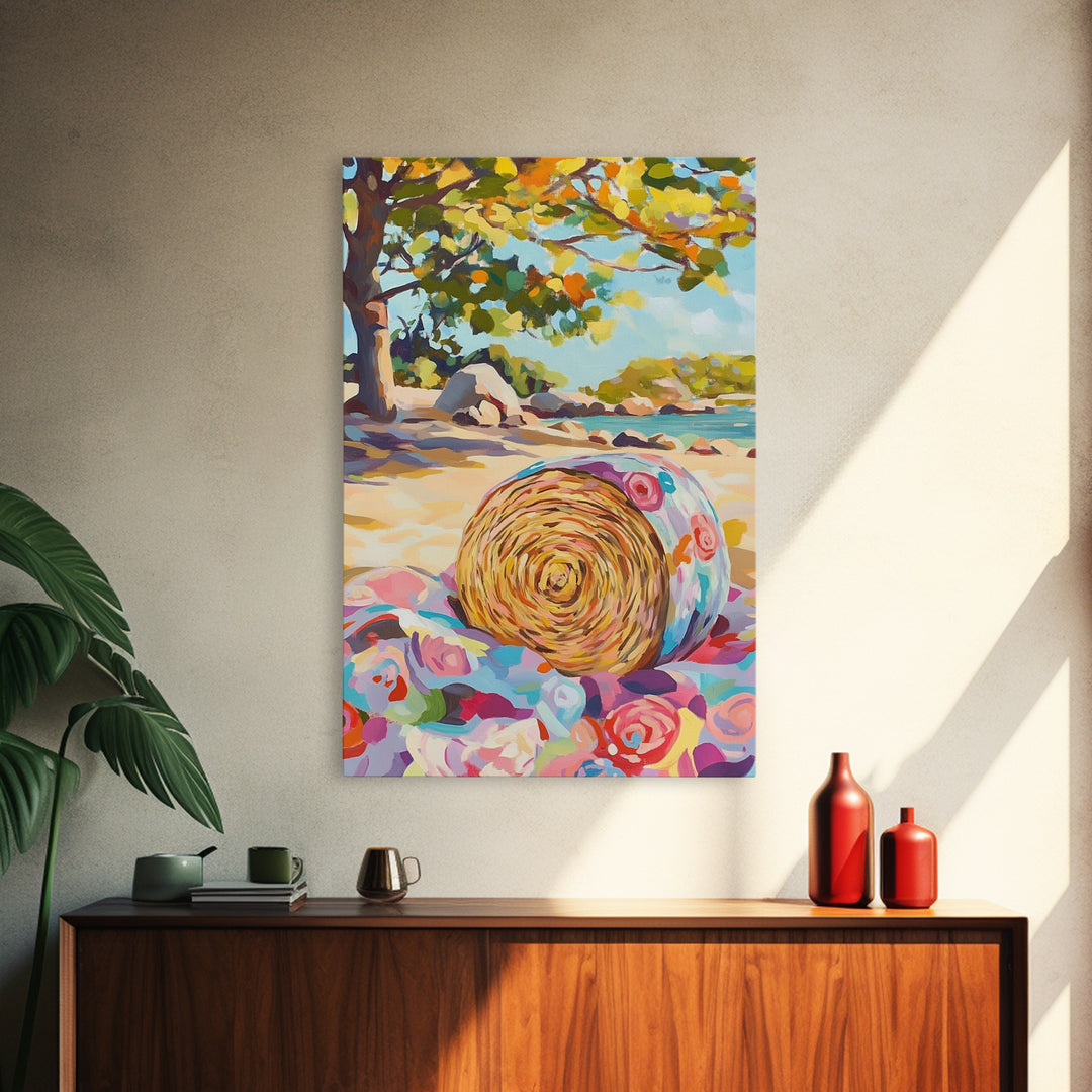 Floral Straw Hat On Sunny Beach Wall Art, Coastal Canvas Print, Tropical Seascape, Beach House Decor, Summer Gift For Her