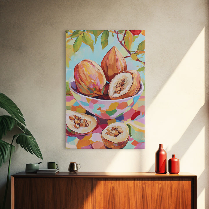Tropical Cacao Pods In Painted Bowl Wall Art, Colorful Kitchen Canvas Print, Botanical Fruit Still Life, Foodie Home Decor