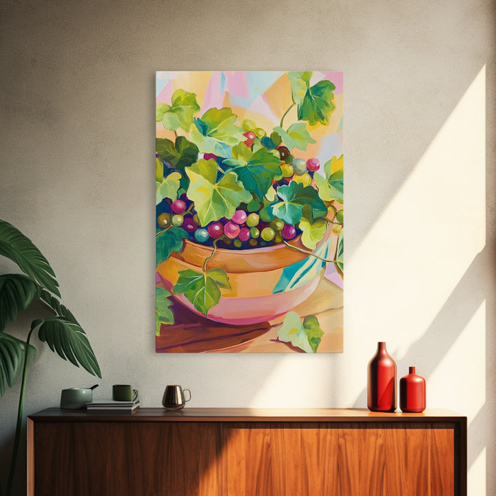 Grapes And Ivy In Ceramic Bowl Canvas Print, Colorful Kitchen Wall Art, Fruit Still Life, Winery Decor, Dining Room Prints