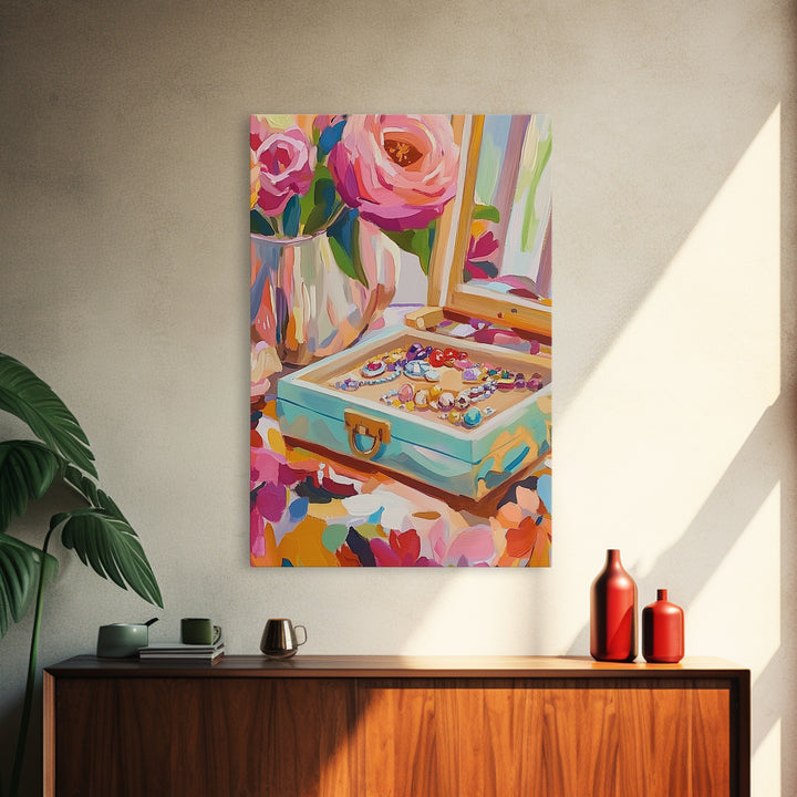Pink Roses Jewelry Box With Rings Framed Canvas Print, Feminine Vanity Wall Art, Coquette Bedroom Decor, Romantic Gift For Her