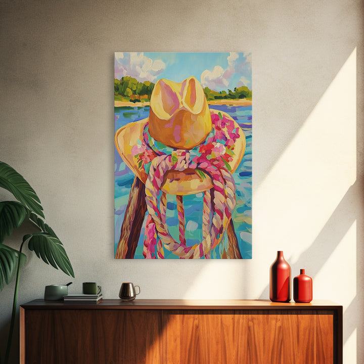 Cowgirl Hat And Rope By Lake Framed Canvas Print, Western Wall Art For Coastal Cowgirl Decor And Rustic Home Decor, Living Room Wall Decor