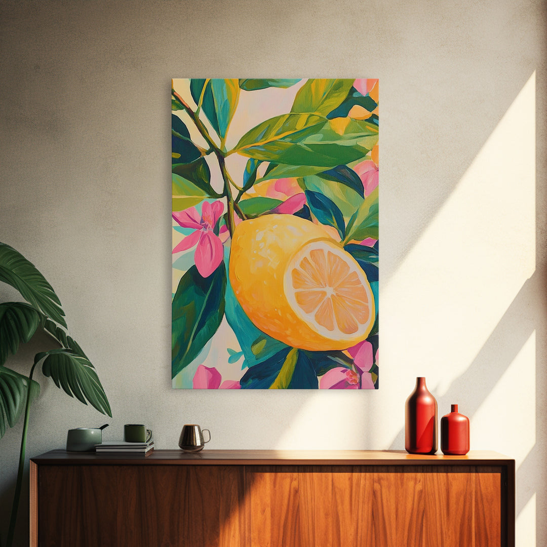 Bright Lemon Branch With Pink Blossoms Wall Art, Botanical Canvas Print For Kitchen Decor, Coastal Home Decor And Gift For Her