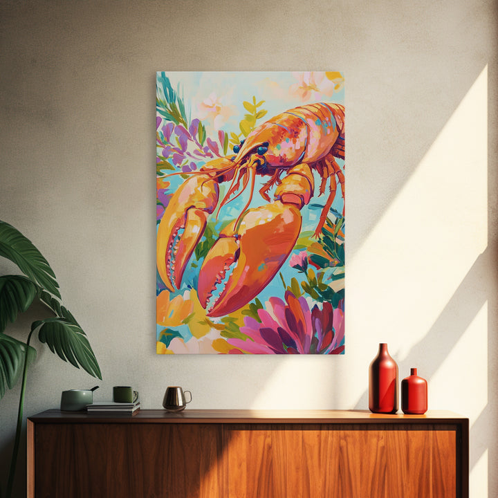 Vibrant Lobster With Garden Florals Canvas Print, Coastal Wall Art, Seafood Wall Decor, Tropical Kitchen Decor, Gift For Her