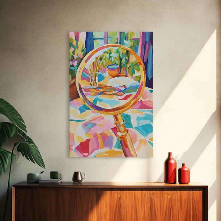 Gold Magnifying Glass With Garden View Canvas Print, Eclectic Wall Art, Botanical Wall Decor, Colorful Still Life Art Print