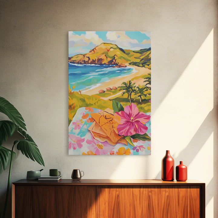 Tropical Beach View With Hibiscus Canvas Print, Coastal Wall Art, Ocean Wall Decor, Summer Landscape, Beach House Decor Gift