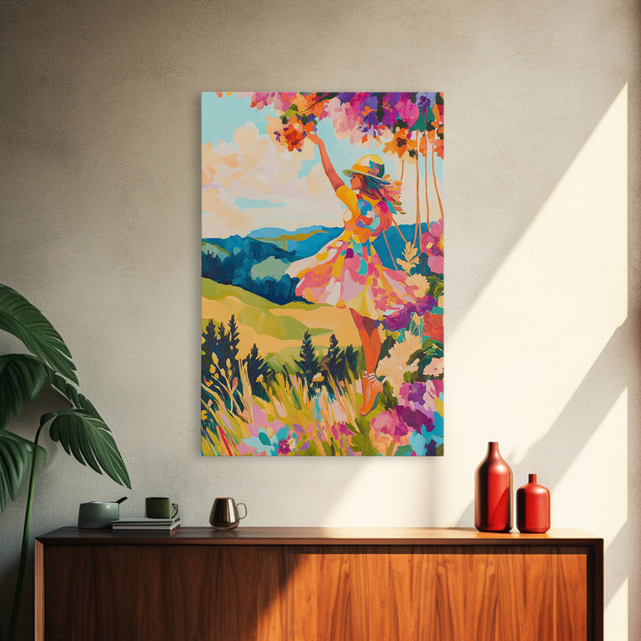 Joyful Woman In Mountain Flower Meadow Framed Canvas Print, Colorful Wall Art, Feminine Art, Landscape Art, Gift For Her