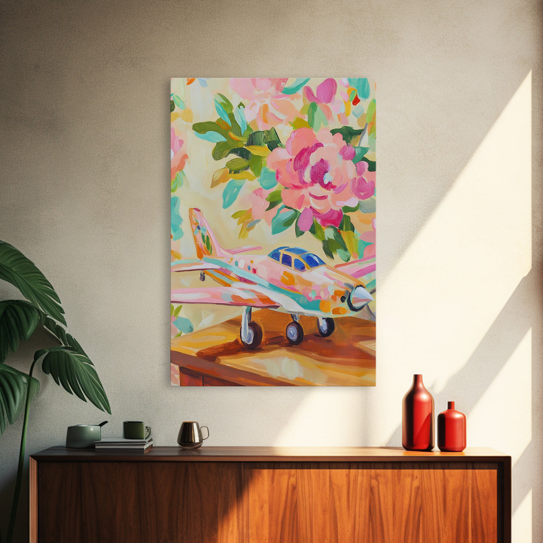 Pink Floral Toy Airplane Canvas Print, Whimsical Aviation Nursery Decor, Kids Room Wall Art, Bright Baby Girl Room Gift Idea