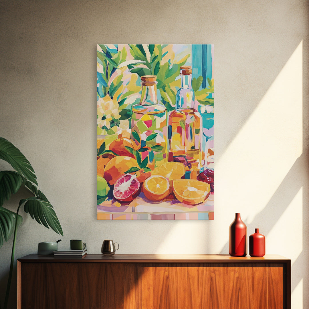 Sunlit Citrus Bottles And Tropical Fruit Canvas Print, Coastal Kitchen Wall Art, Colorful Still Life Dining Room Decor Gift