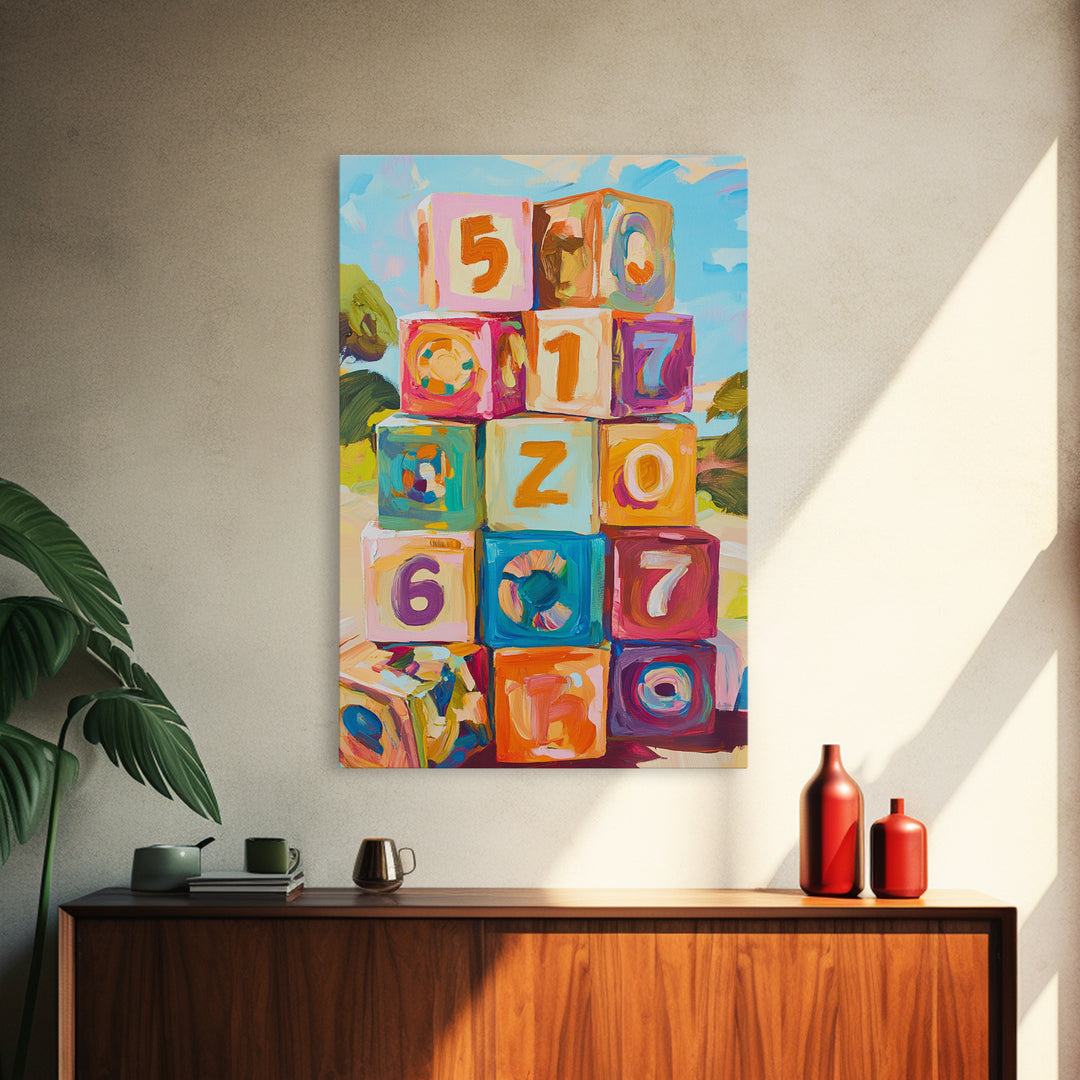 Colorful Number Blocks Nursery Wall Art, Playful Kids Room Canvas Print, Baby Shower Gift, Whimsical Playroom Decor, Baby Nursery Art
