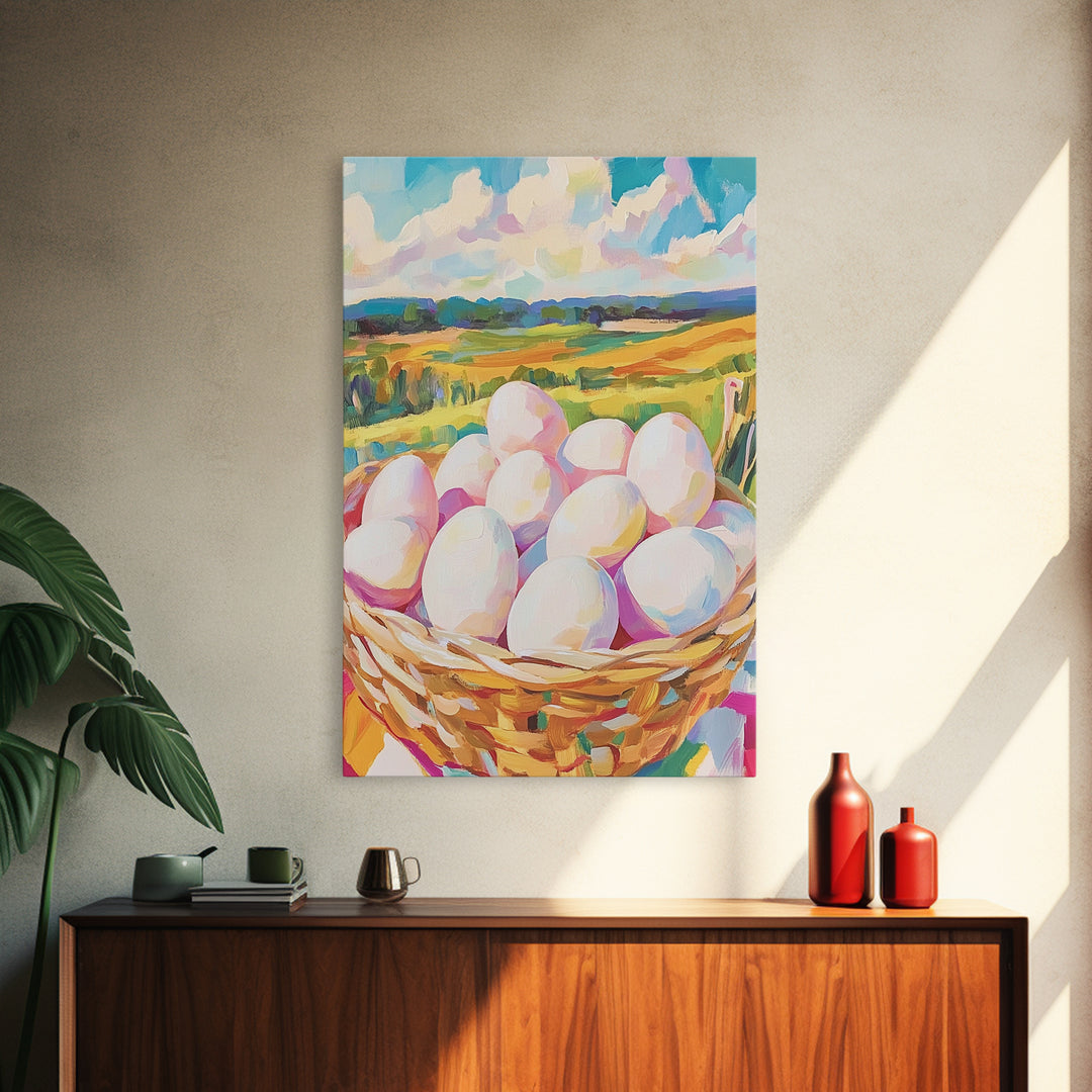 Farm Fresh Eggs In Wicker Basket Wall Art, Country Landscape Canvas Print, Rustic Farmhouse Kitchen Decor, Housewarming Gift