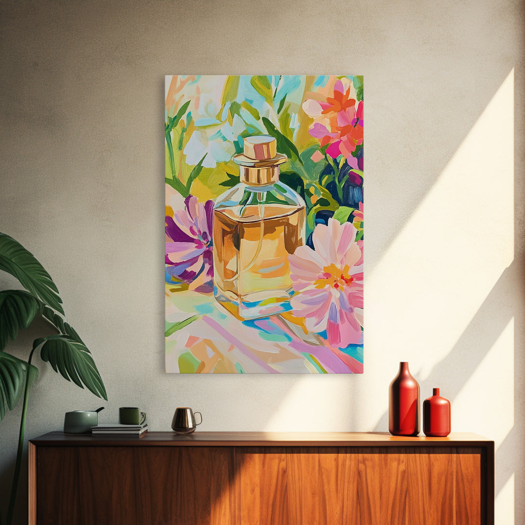 Golden Perfume Bottle With Pink Flowers Framed Canvas Print, Feminine Wall Art, Bathroom Decor, Floral Home Decor, Gift For Her