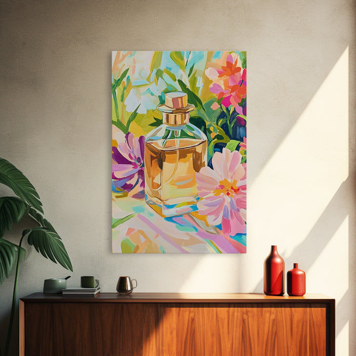 Golden Perfume Bottle With Pink Flowers Framed Canvas Print, Feminine Wall Art, Bathroom Decor, Floral Home Decor, Gift For Her