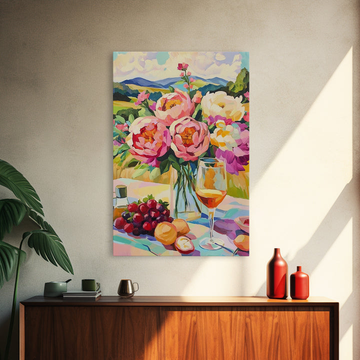 Pink Peony Bouquet With Wine And Grapes Canvas Print, French Country Kitchen Decor, Floral Wall Art, Housewarming Gift For Her