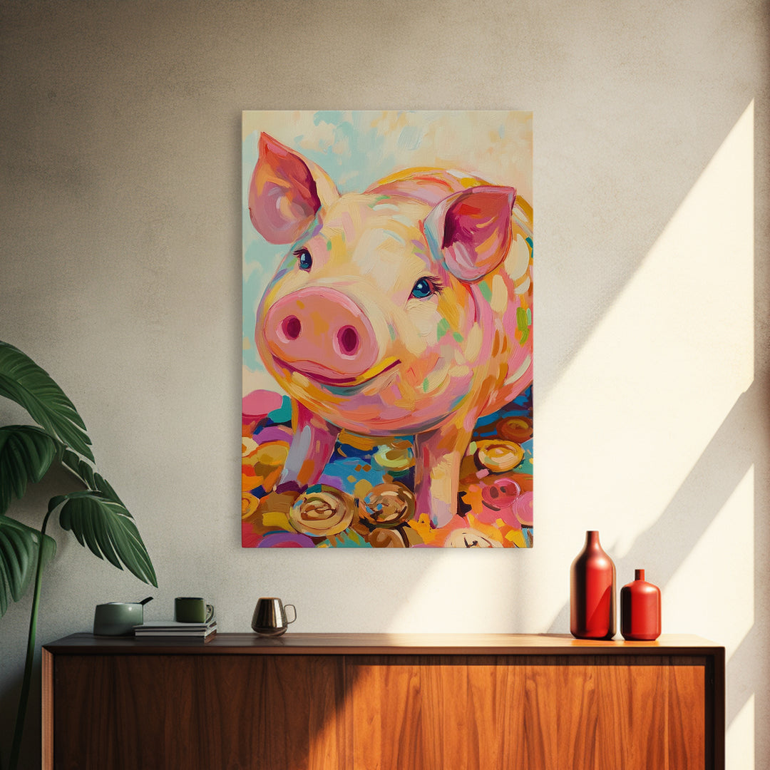 Smiling Pink Pig With Golden Coins Canvas Print, Cute Farm Animal Wall Art, Playful Nursery Decor, Whimsical Gift For Kids