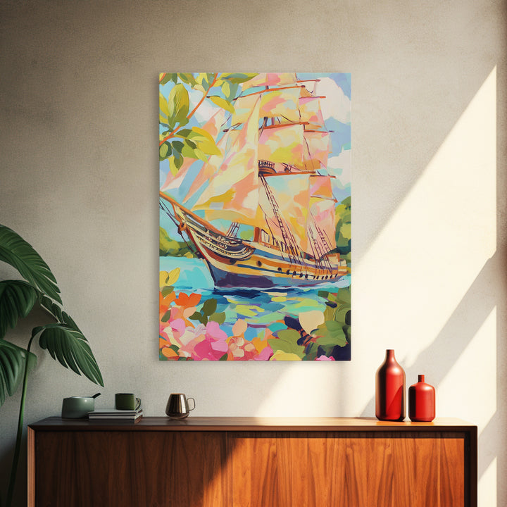 Tall Ship In Blooming Harbor Canvas Print, Nautical Sailboat Painting, Coastal Wall Art, Beach House Decor Gift For Her Home