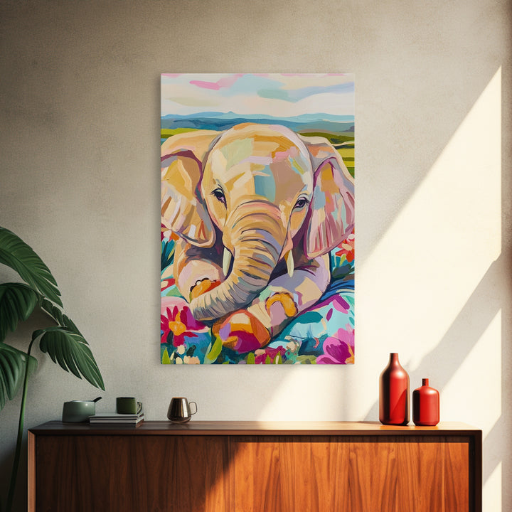 Baby Elephant With Flowers Canvas Print, Whimsical Animal Wall Art, Nursery Decor, Safari Nursery Art, Kids Room Decor, Gift