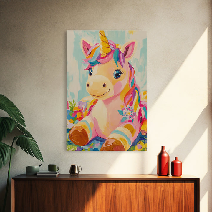 Cute Unicorn With Rainbow Mane Canvas Print, Whimsical Nursery Wall Art, Kids Room Decor, Baby Girl Nursery, Gift For Her