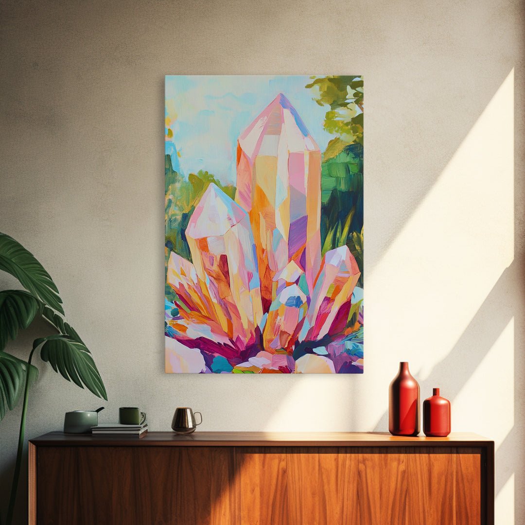 Pastel Crystal Cluster Framed Canvas Print, Celestial Wall Art, Mystical Home Decor, Spiritual Gift, Colorful Art Prints
