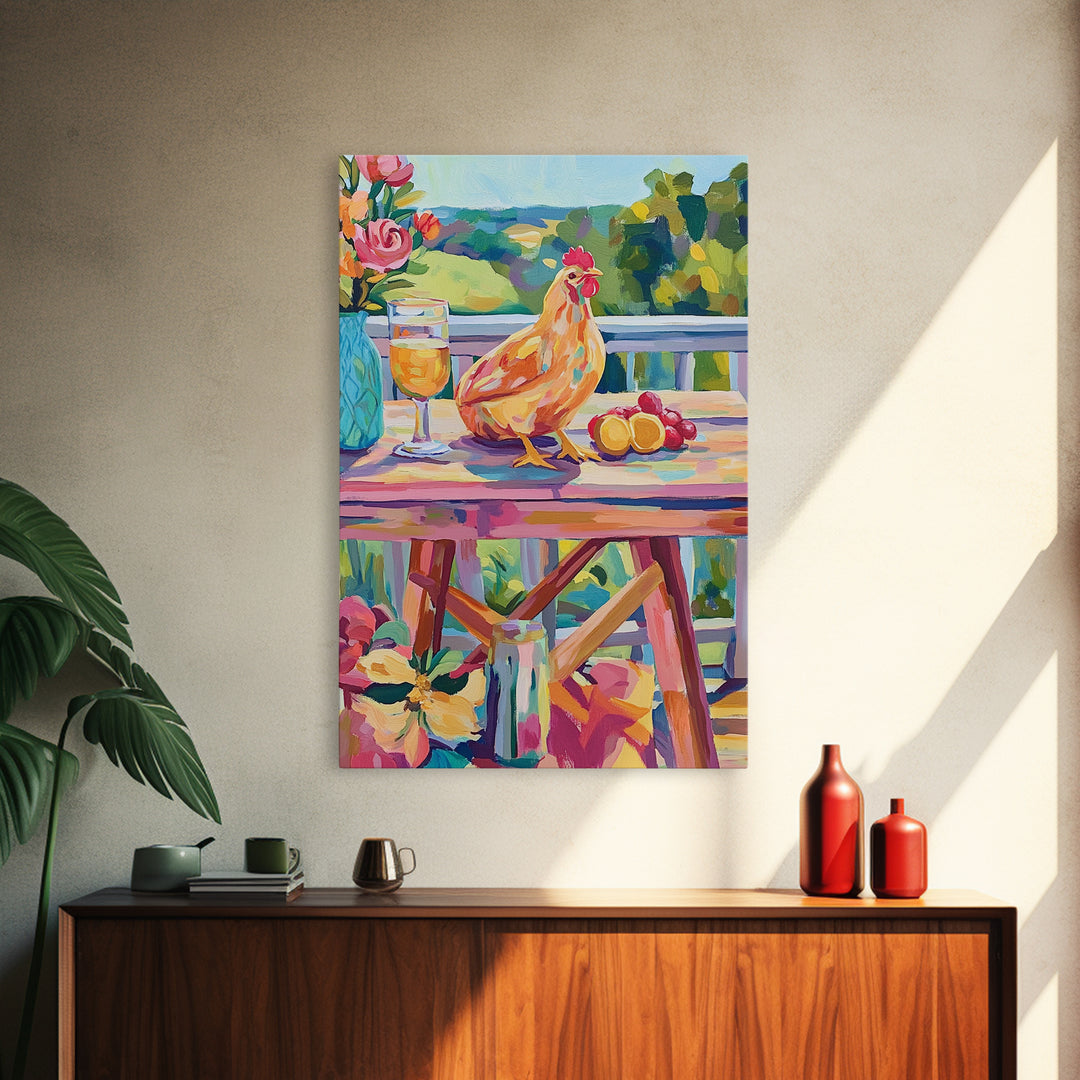 Sunny Chicken Patio Still Life Framed Canvas Print, Farmhouse Kitchen Wall Art, Country Decor, Wine And Fruit Housewarming Gift