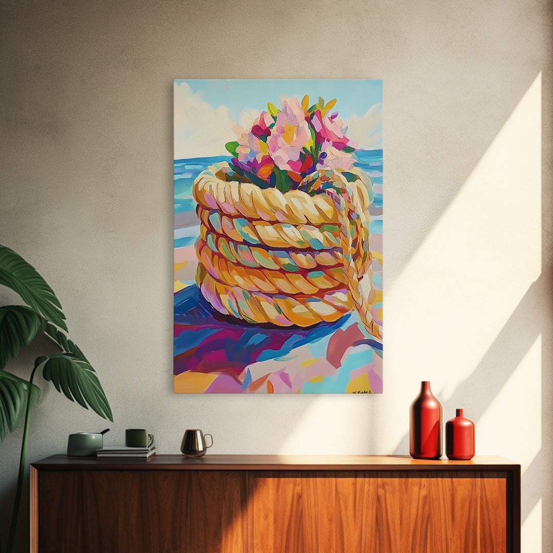 Rope Basket With Pink Beach Flowers Canvas Print, Coastal Wall Art, Beach House Decor, Tropical Ocean Living Room Decor Print