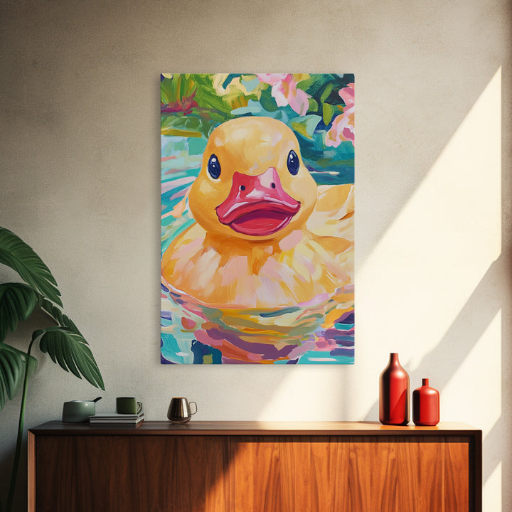 Smiling Yellow Duck In Garden Pond Wall Art, Whimsical Animal Art, Cute Bathroom Decor, Nursery Wall Art Print, Gift For Her