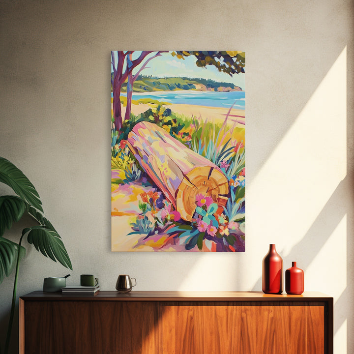 Sunlit Driftwood Log On Beach Wall Art, Coastal Landscape Canvas Print, Ocean Wall Decor, Beach House Art, Nature Wall Art