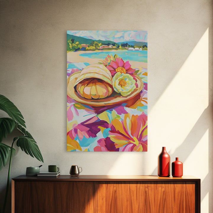 Scallop Shell And Pink Flowers By Turquoise Bay Canvas Print, Coastal Wall Art, Beach House Decor, Summer Kitchen Art, Gift For Her