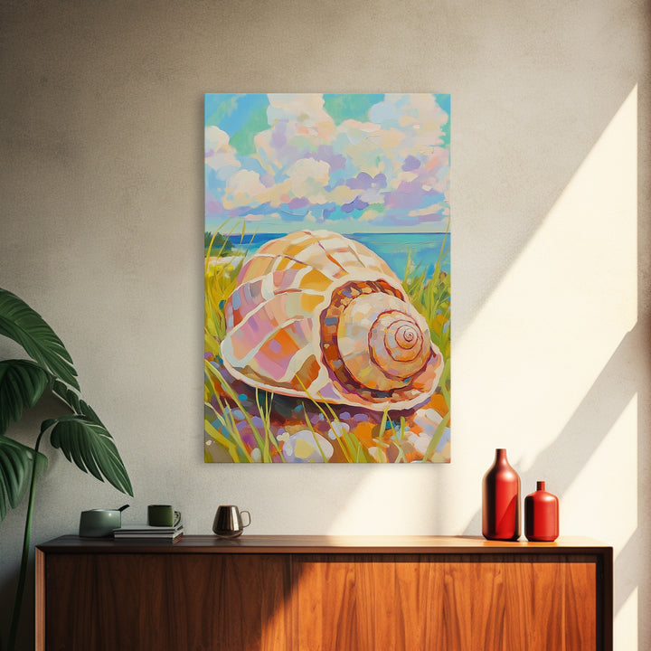 Pastel Conch Shell In Dune Grass Canvas Print, Coastal Wall Art, Beach House Decor, Ocean Wall Art, Summer Home Decor, Gift For Her