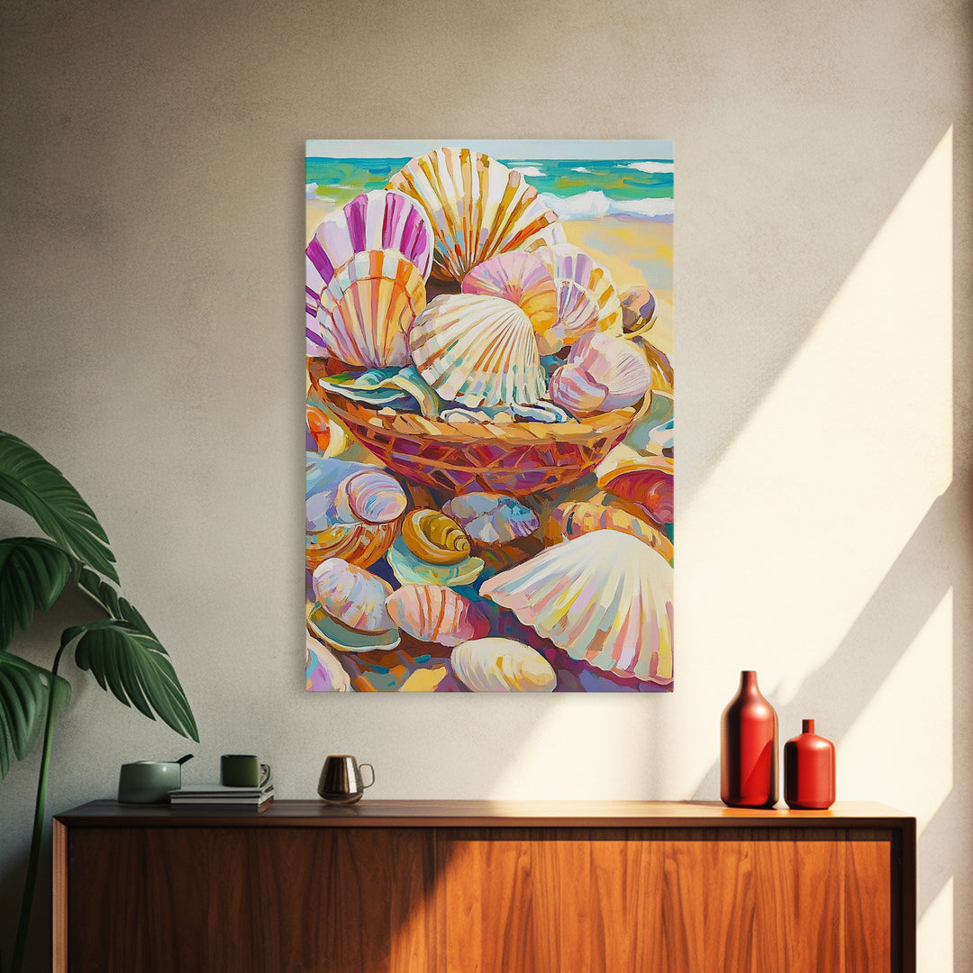 Basket Of Pastel Seashells On Beach Wall Art, Coastal Wall Decor, Beach House Decor, Ocean Art Print, Nautical Home Decor