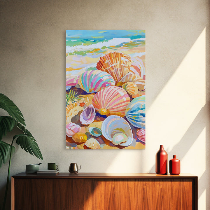 Pastel Seashells Scattered On Sunny Beach Framed Canvas Print, Coastal Wall Art, Ocean Wall Decor, Beach House Gift For Her
