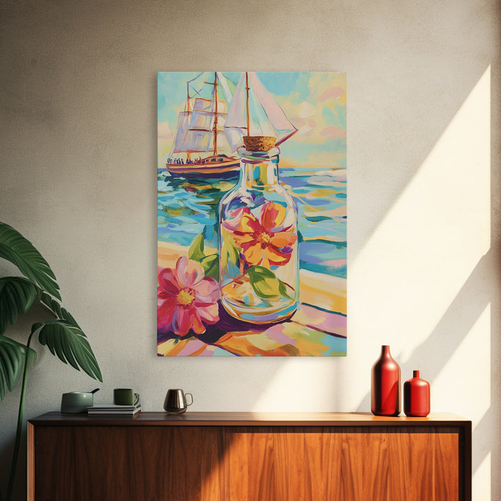 Sailboat And Flower In Glass Bottle Canvas Print, Nautical Wall Art, Coastal Wall Decor, Ocean Art, Beach House Decor, Gift For Her