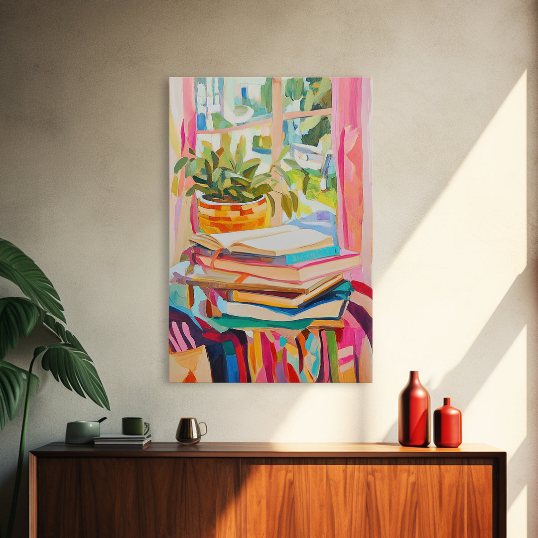 Stacked Books And Window Plant Wall Art, Cozy Reading Nook Decor, Book Lover Gift, Library Wall Art, Home Office Decor Print