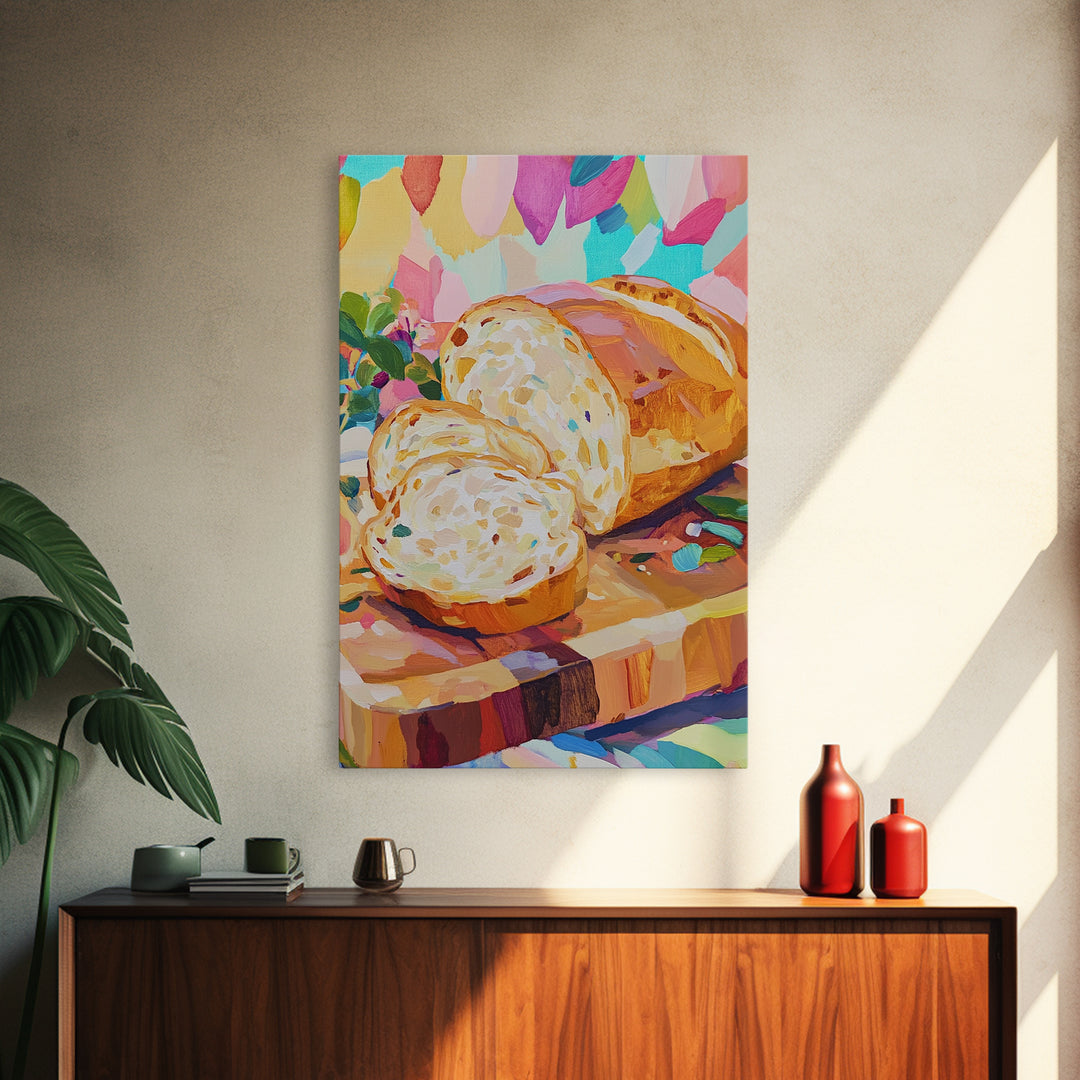Sliced Artisan Bread On Wooden Board Canvas Print, Kitchen Wall Art, Food Illustration, Rustic Kitchen Decor, Gift For Baker