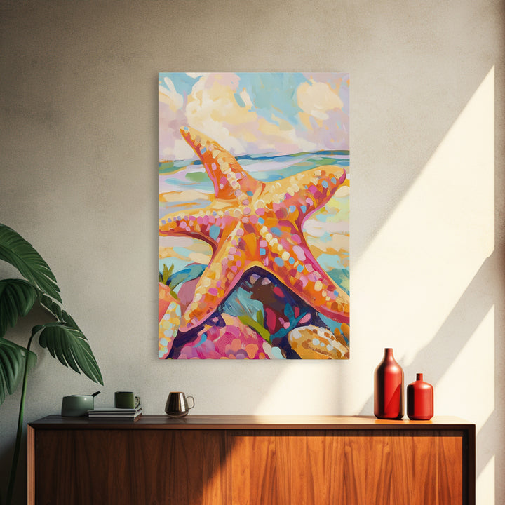 Bright Orange Starfish On Sunny Beach Wall Art, Coastal Canvas Print, Ocean Wall Decor, Beach House Gift, Tropical Art, Seaside Decor