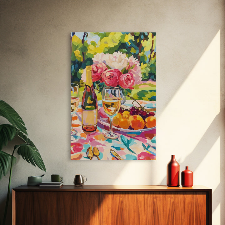 Garden Wine Still Life With Cherries Framed Canvas Print, Dining Room Wall Art, Floral Kitchen Decor, Wine Lover Gift, Hostess Gift
