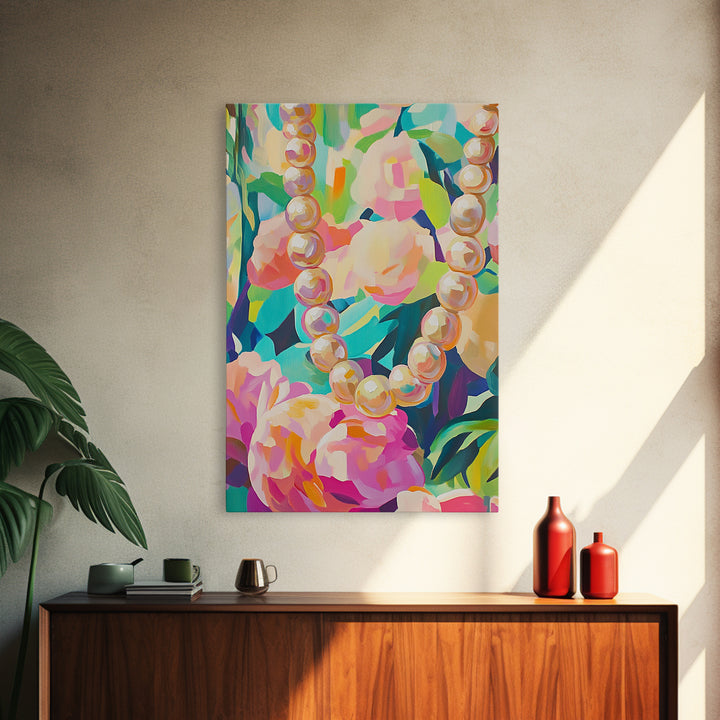Pearl Necklace On Lush Floral Background Framed Canvas Print, Feminine Wall Art, Coquette Room Decor, Gift For Her, Romantic Bedroom Art